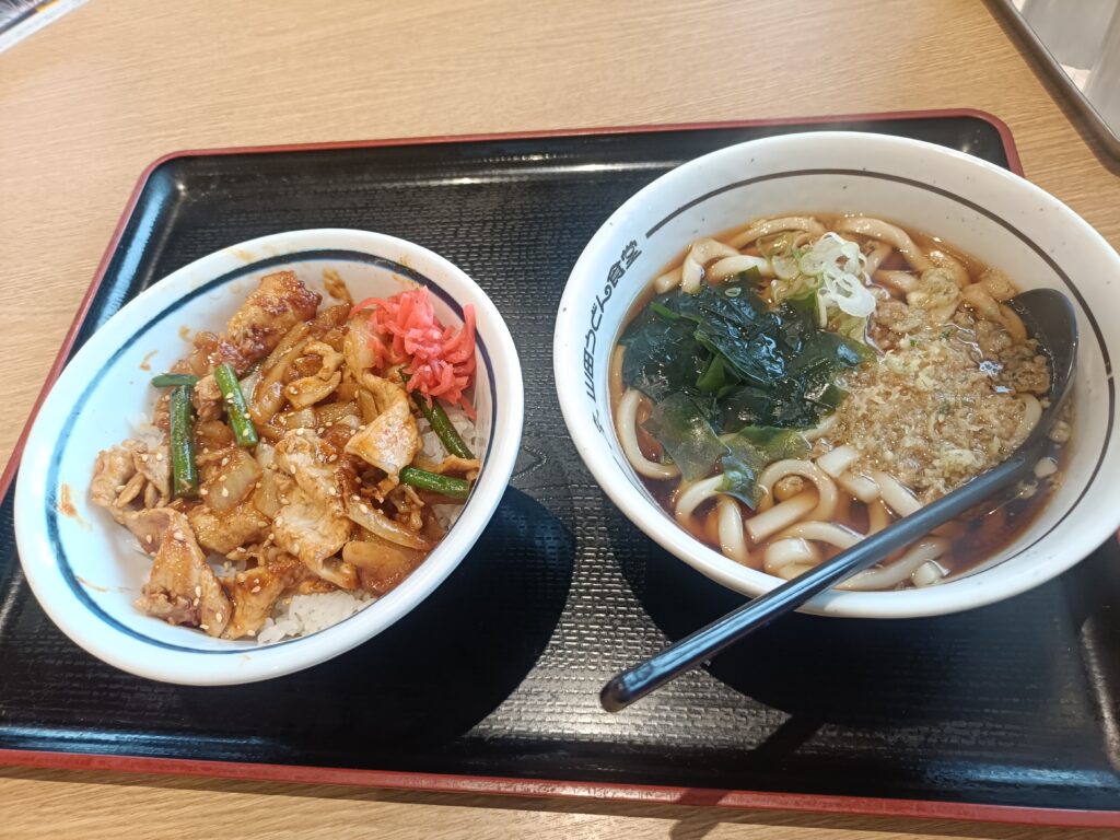 豚スタ丼とたぬきうどんが並んだ日替わりセット